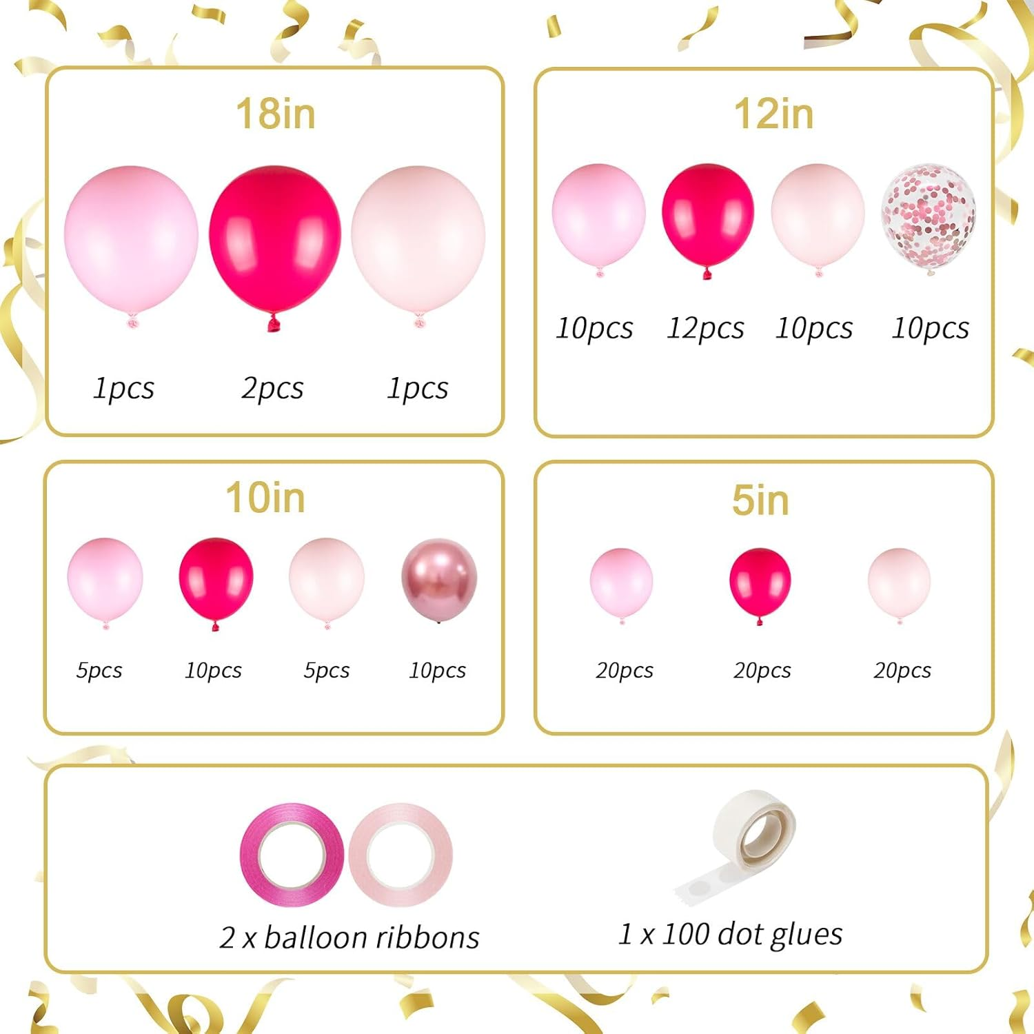 136Pcs Pink Balloons Garland Arch Kit, 18 12 10 5 Inch Hot Pink Metallic Confetti Pink Balloons for Birthday, Engagement,Wedding, Baby Shower, Anniversary, Valentine&rsquo;S Party Supplies - Black Hot Pink Clear image number 4