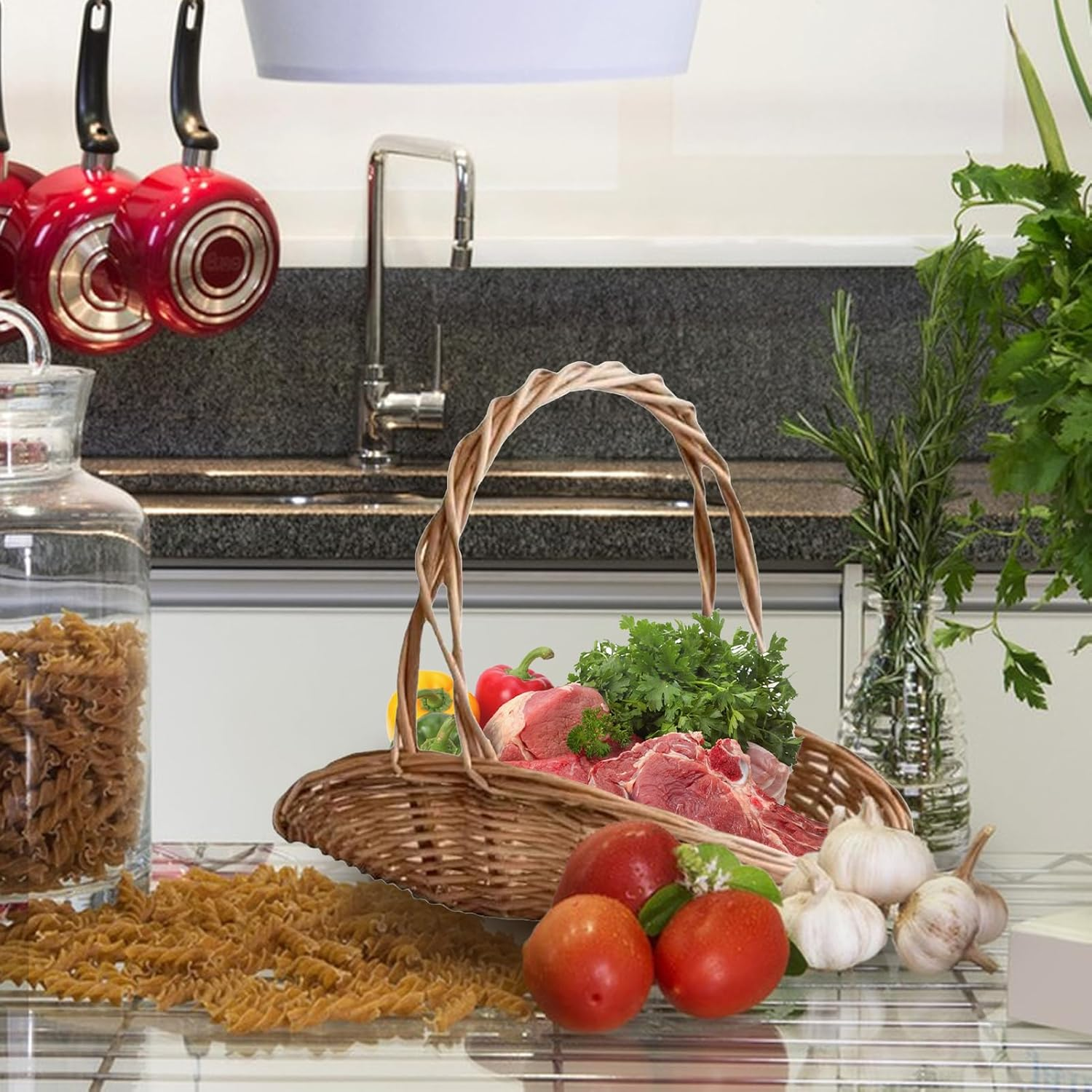 Wicker Flower Basket | Wicker Rattan Basket with Handle - Large Food Containers Kitchen Accessories, Organization and Storage for Fruit Vegetable Party Supplies image number 1