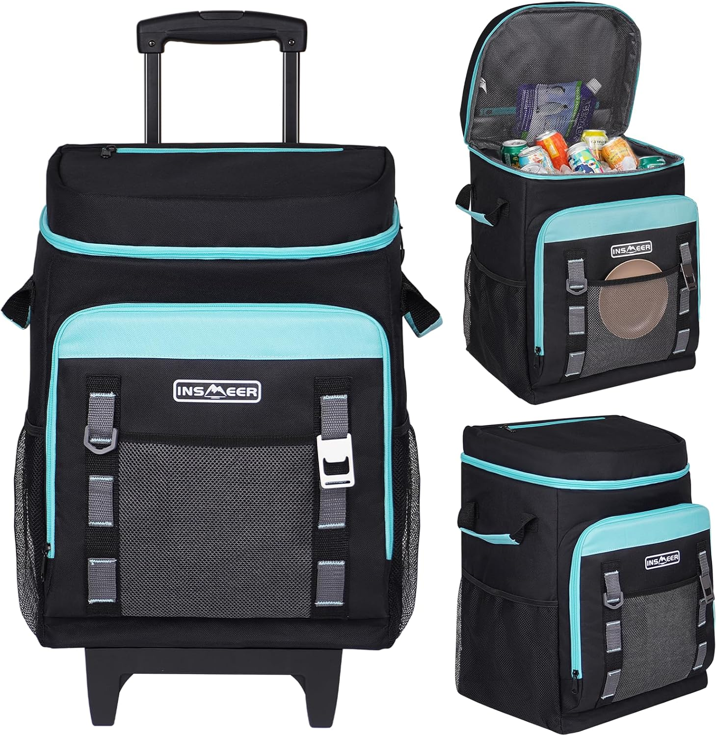 INSMEER 80 Can Collapsible Cooler with Wheels & Handle - Leakproof, Insulated, All-Terrain Rolling Cooler Bag for Beach, Camping, Picnic & Grocery Shopping