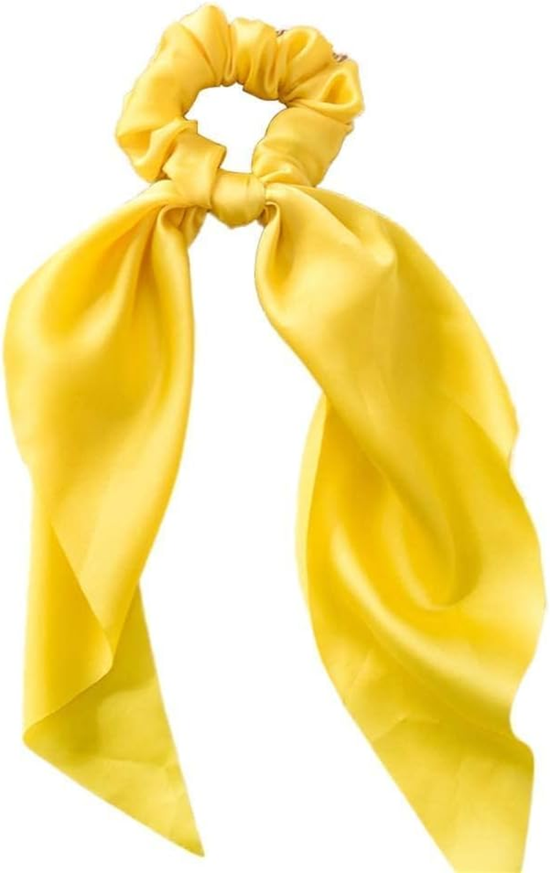 Yellow Women Girl Bow Satin Ribbon Ponytail Scarf Hair Tie Rope Scrunchies Elastic Band Hair Scrunchies Bands Elastics and Ties Beauty and Personal Care Hair Care, Hair Accessories image number 1