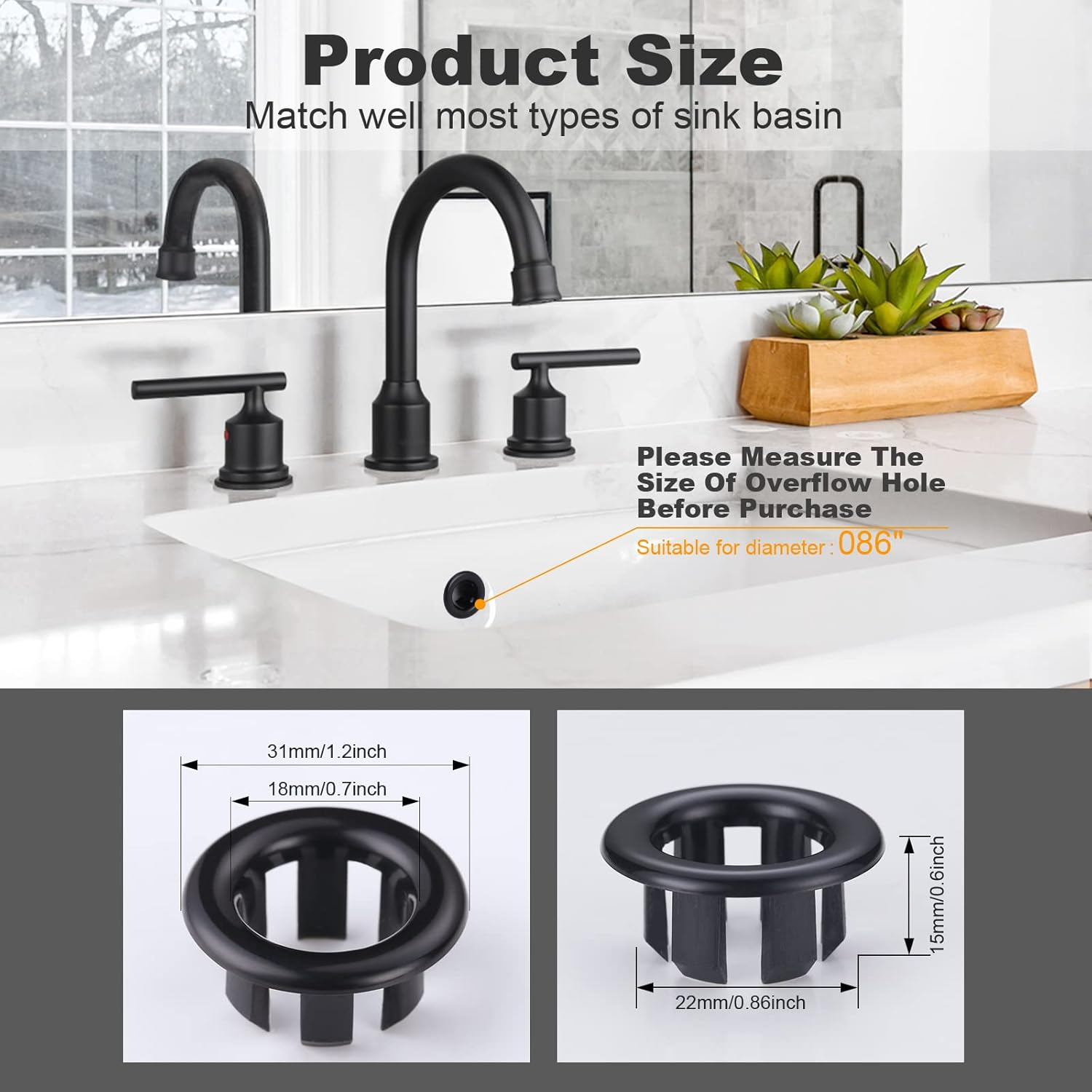 ARCORA 2 Pack Sink Overflow Ring Matte Black Bathroom Kitchen Sink Basin Trim Overflow Cover Hole Insert Cap image number 4