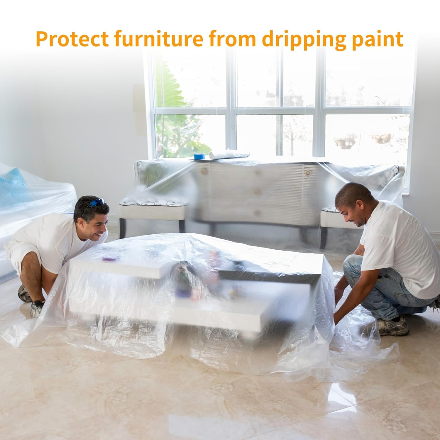 2 Pcs Pre-Taped Masking Film, 118 in X 65 Feet Rolls Painters Plastic with Tape and Drape, Paint Adhesive Protective Film Roll for Covering Skirting Frames and House Decoration Furniture