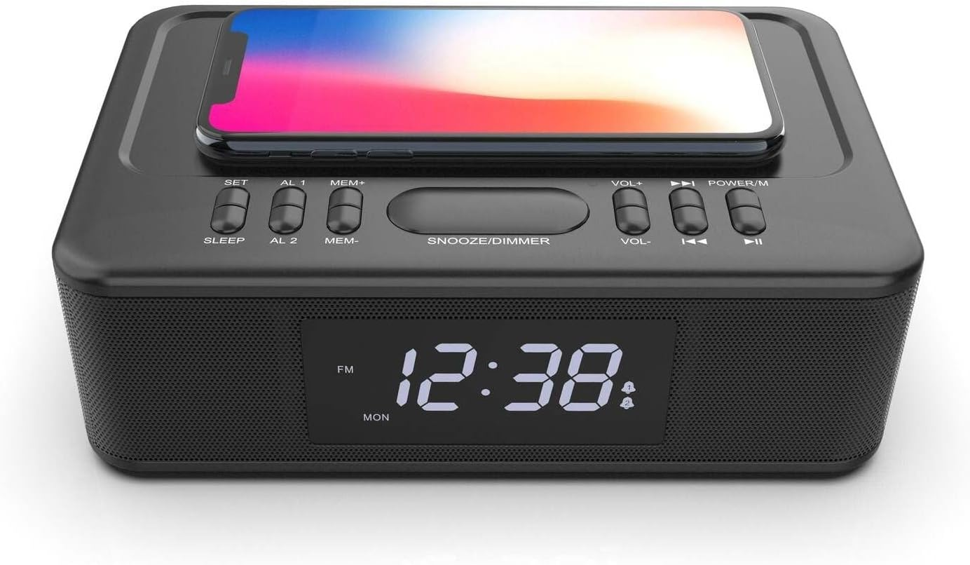 Lenoxx Wireless Charging Wireless Technology Alarm Clock - Black, Sleek Design, 10W Quick Charge, 2-In-1 Functionality for Effortless Charging and Wake-Up Convenience image number 1