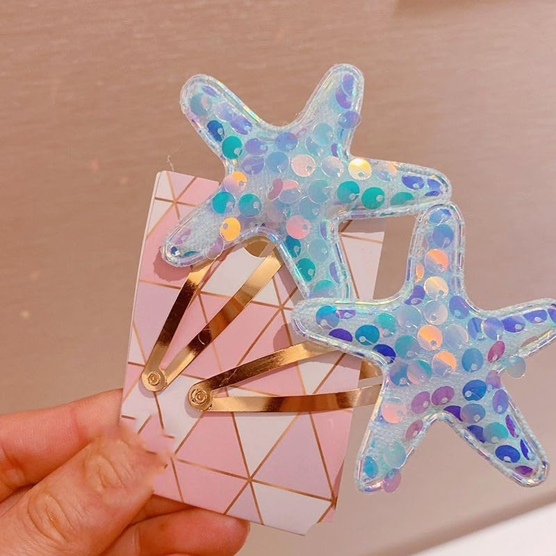 Glitter Starfish Hair Clips for Women Girls 10 Pcs Snap Seastar Clips Starfish Barrettes Sequin Mermaid Seashell Hair Accessories Sea Shell Hairpiece Mermaid Clip image number 4