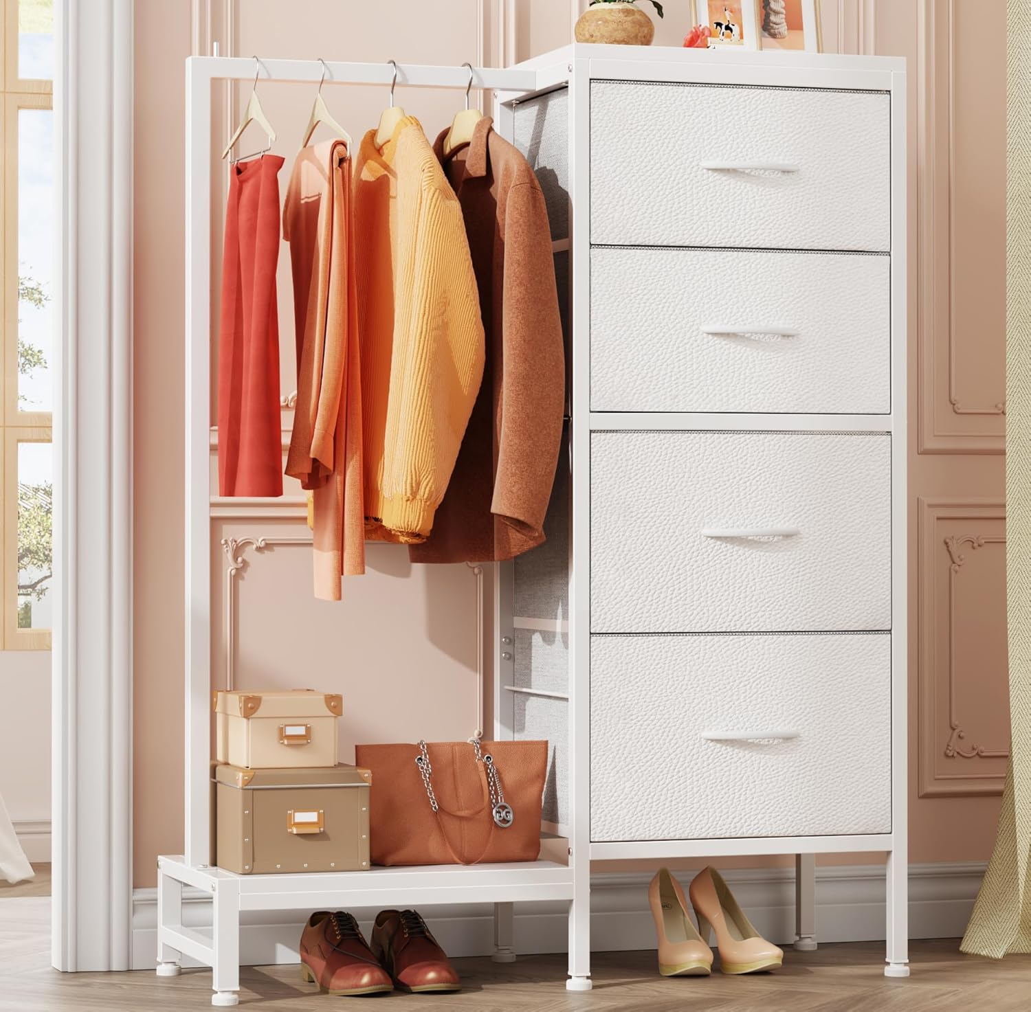 HIGDBFE Dresser with Hanging Rack, 4 Drawers Small Closet for Bedroom, Reversible Fabric Kids Dresser for Closet with Clothes Rack, Tall Chest of Drawers, Sturdy Frame, Grey, 44" H