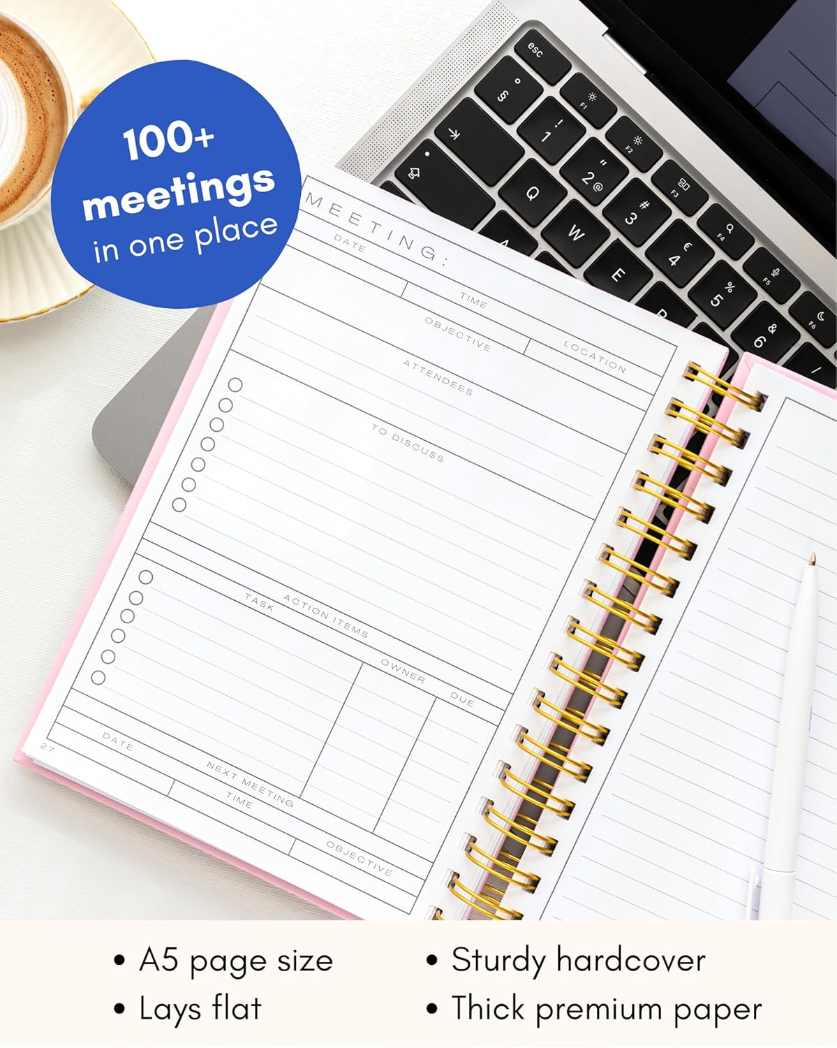 Lamare Meeting Notebook for Work Organization - 100+ Meetings Work Notebook for Note Taking - Meeting Notes Notebook for Work - Stay Productive with Meeting Planner Notebook 220 Pages L A5 Size 8.5X6&rdquo; - Black image number 2