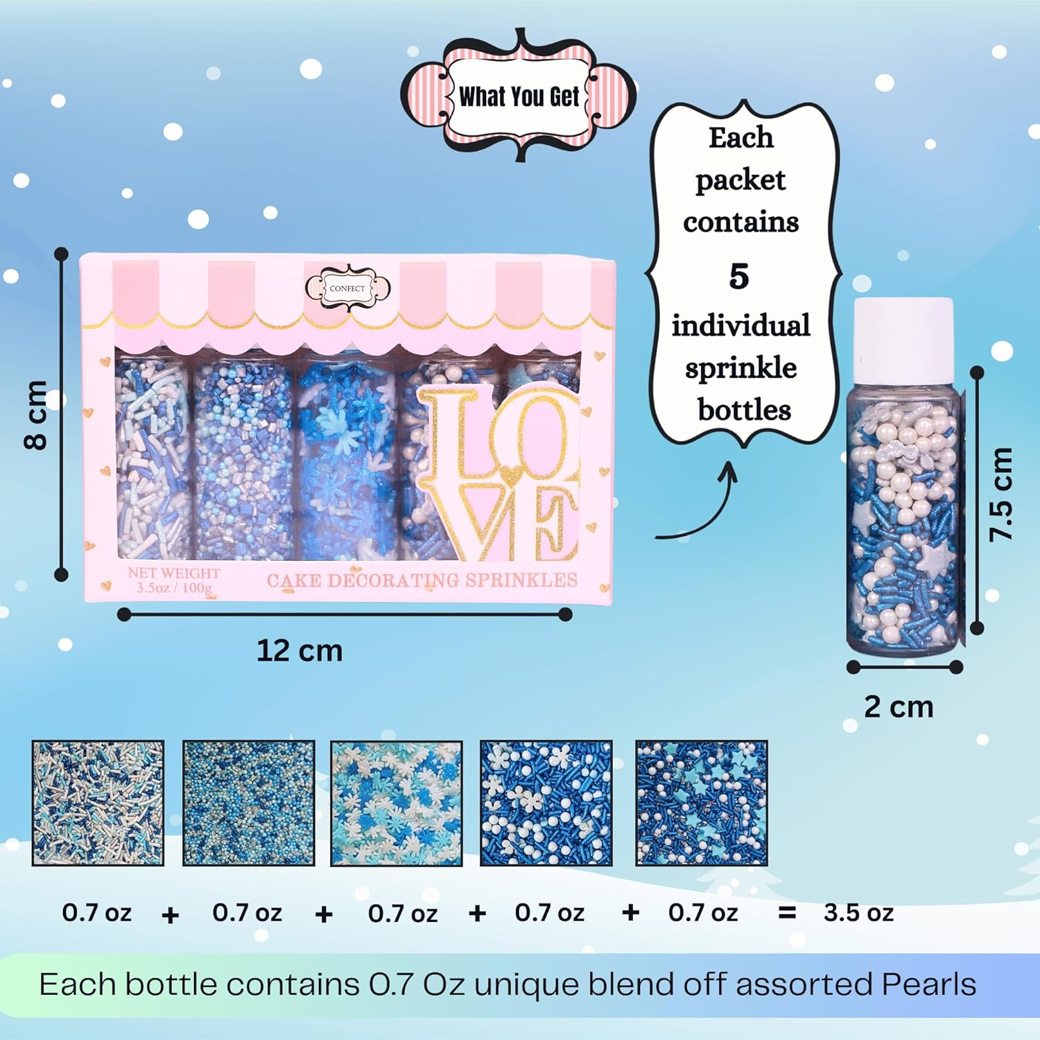 Confect Christmas Sprinkles | Mix Pearl, Blue Pearls & Jimmies Sprinkles | Snowflake Sprinkles | Frozen Sprinkles | White Pearls Sprinkles | Christmas Jimmies Sprinkles &ndash; 100Gms image number 4