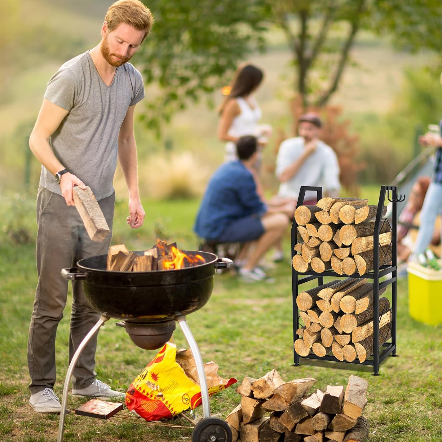 Firewood Rack for Indoor, 2-Tier Firewood Holder with 3 Hanging Hooks, Heavy Duty Wood Rack for Outdoor Patio, Black image number 4