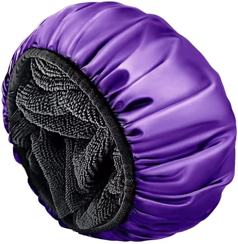 Shower Cap,Extra Large Triple Layer Bathing Cap with Dry Hair Function for Women Microfiber Cloth Waterproof Reusable Long Hair Bath Caps (Purple, One Size)