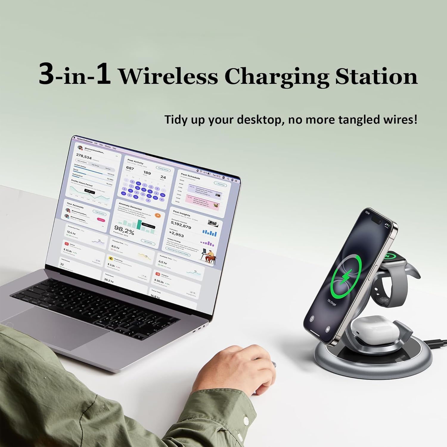 EXW 15W Wireless Charging Station for Magsafe Charger, 3 in 1 Wireless Charger for Apple, Fast Magnetic Charger Stand for Iphone 17/16/15/14/13/12, Apple Watch, Airpods (Silvergrey, with 20W Adapter) image number 4