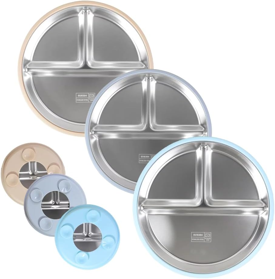 YUGO BABY Stainless Steel Divided Baby Plate with Removable Silicon Sleeve&Suction, Non-Slip Unbreakable Dishwasher Safe Metal Plates for Kids&Toddler Self Feeding Dinnerware (Quartz + Pink + Rose)