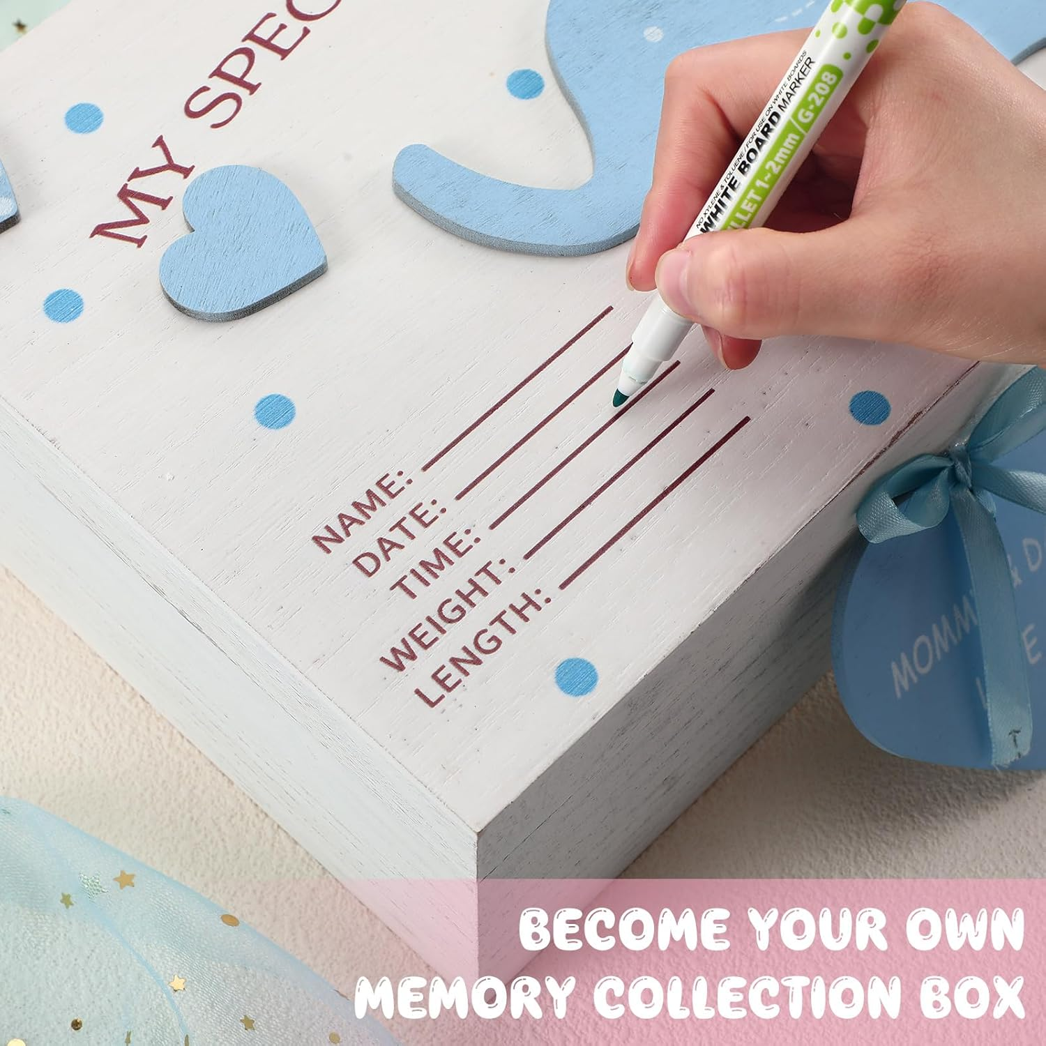 Soaoo 3D Wooden Baby Boys Memories Keepsake Box Baby Girls Elephant First Keepsake Box New Parent Newborn Baptismal Birthday Gift for Mementos 11.81'' X 7.87'' X 3.94''(Blue) image number 5