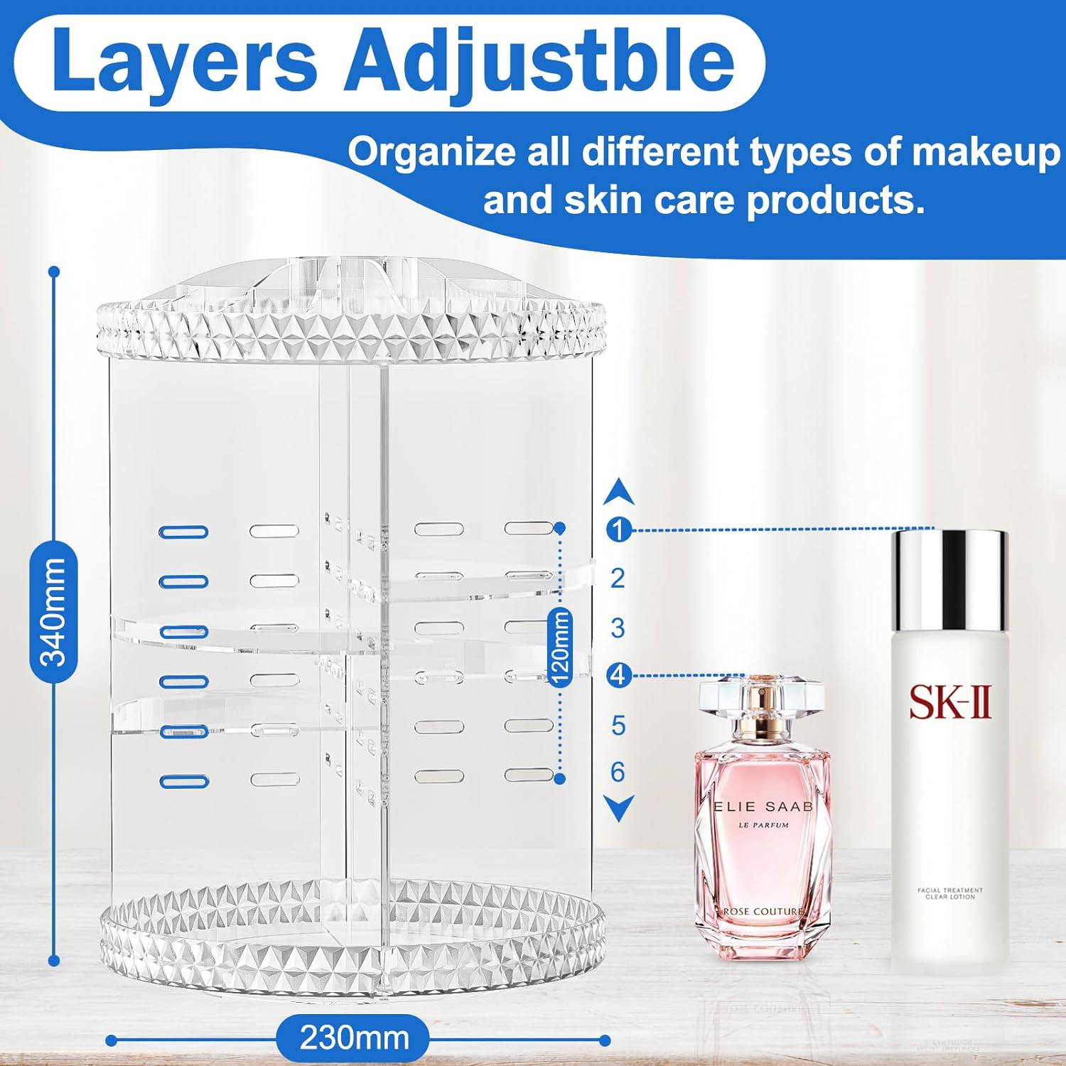 Mokani 360&deg; Rotating Acrylic Makeup Organisers, Adjustable Skincare Cosmetic Organiser Make up Organizers Storage Lipsticks Brushes Perfume Holder Stand for Dresser, Bedroom, Bathroom (Clear) image number 3