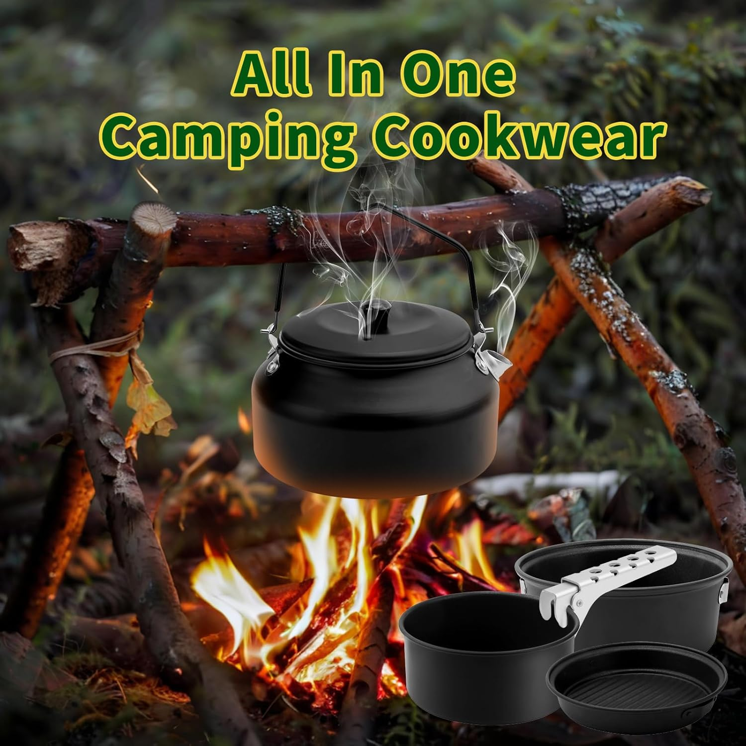Camping Cookware Set, Non-Stick Lightweight Aluminum Camping Pot and Pan Set with Kettle for Backpacking, Hiking, Outdoor Cooking and Picnic