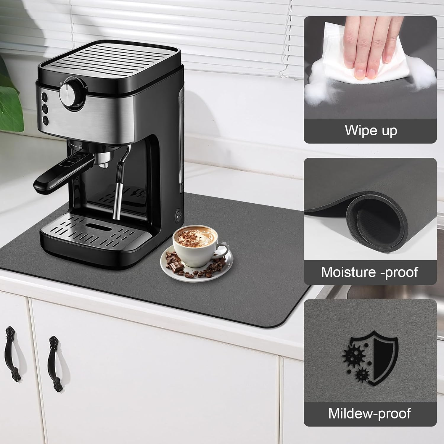 Coffee Mat ,Super Absorbent Dish Drying Mat,Coffee Bar Accessories, Hide Stain Absorbent Drying Mat with Waterproof, Fit under Coffee Maker Coffee Machine Coffee Bar Mats (Dark Grey, 50X30) image number 5