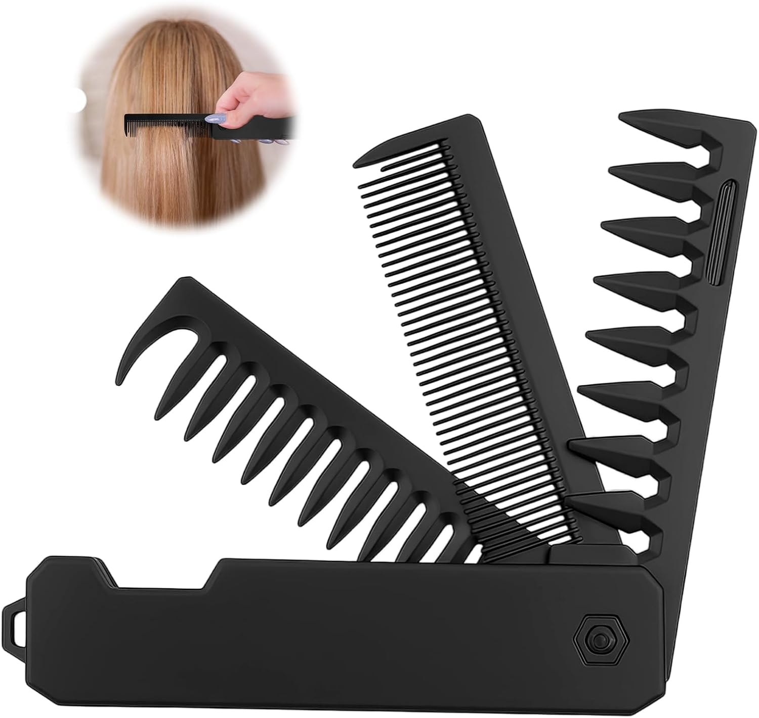 3-In-1 Folding Comb, Men'S Portable Hair Comb with Fine Tooth and Wide Tooth Comb, Beard and Moustache Styling, Foldable Travel Comb, Compact for Daily Hair and Beard Care (Black)