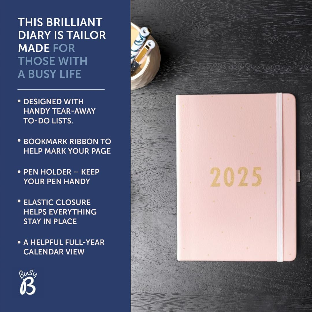 Busy B 2025 Weekly Diary Planner with Pink Faux Leather Cover - A5 Daily Life Organiser, Jan-Dec - Pockets, Stickers & Notes Pages - Compact Design for Work, Home & School Planning image number 3