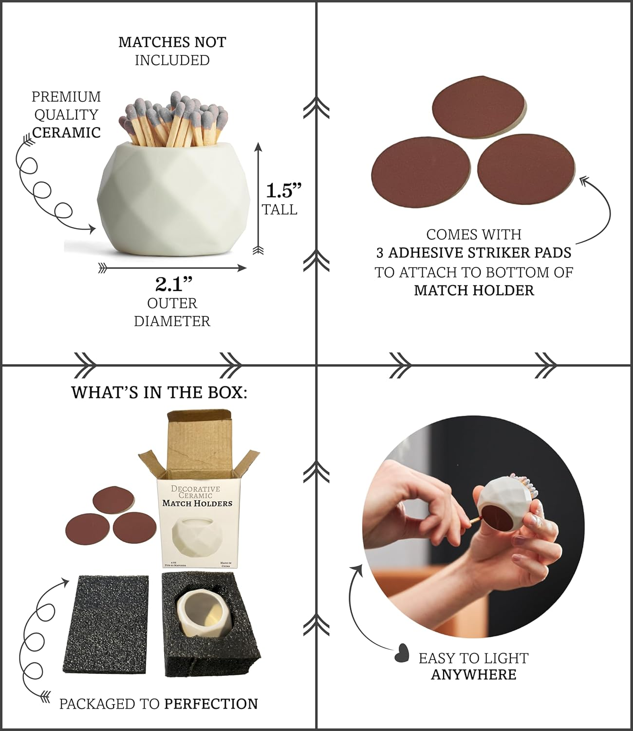 Classic White Ceramic Match Holder with Striker Pads - Decorative Matches in a Jar - Bathroom Matches Holder image number 3