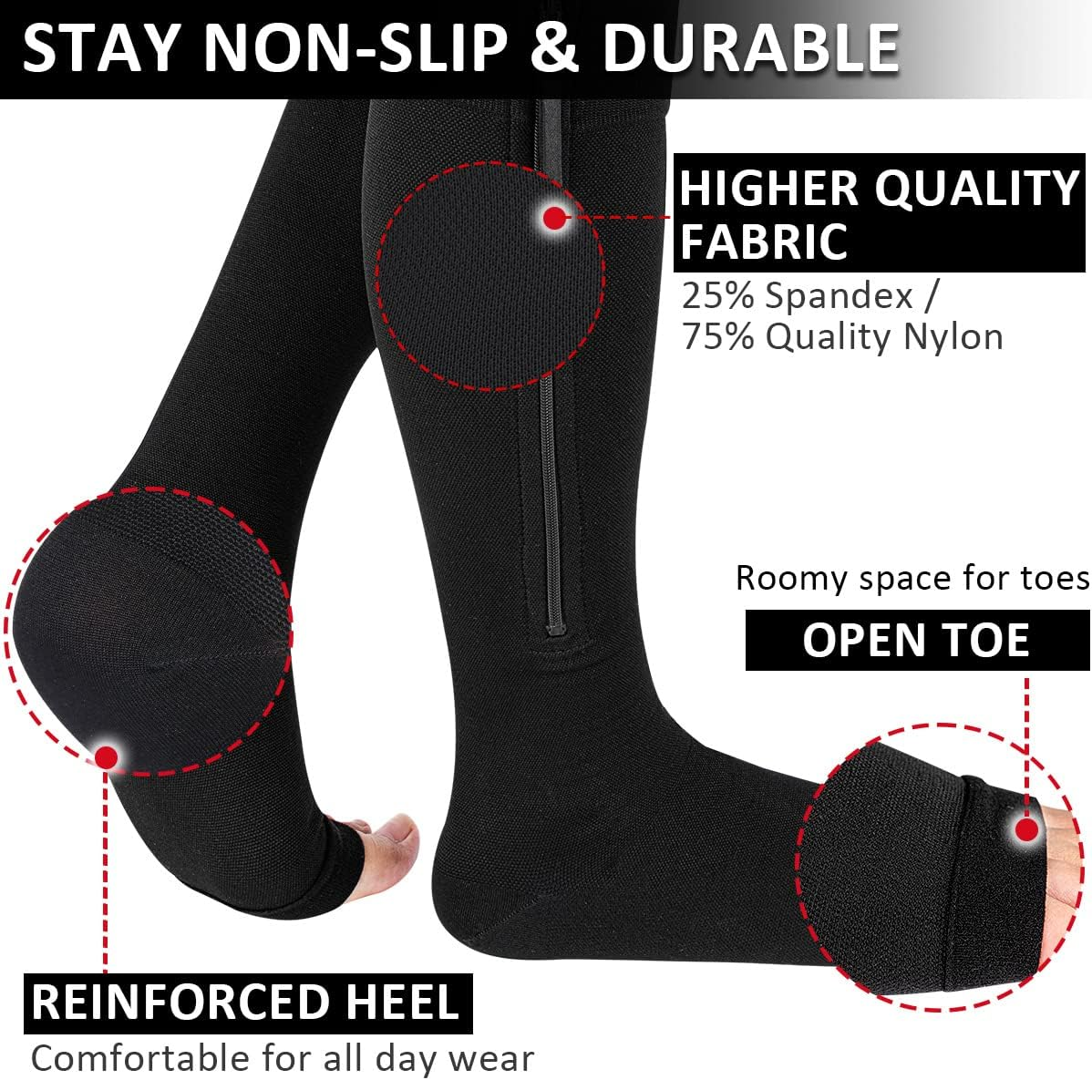 Ailaka Medical Compression Socks with Zipper, Knee High 15-20 Mmhg Compression Socks for Women Men, Open Toe Support Socks for Varicose Veins, Edema, Recovery, Pregnant, Nurse image number 4