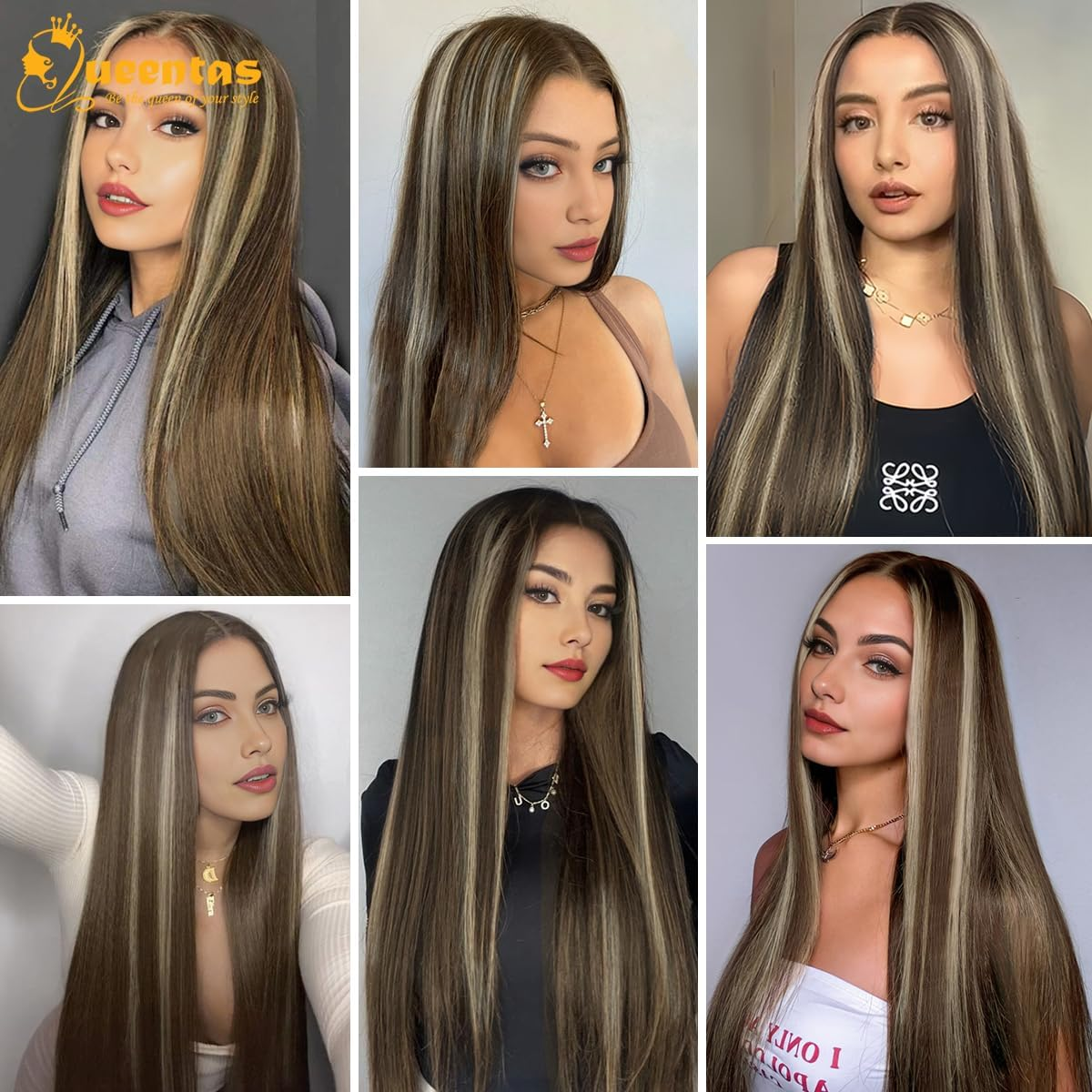 BECUS 24 Inch Long Golden Brown Wigs for Women Highlight Balayage Synthetic Straight Hair Wig for Daily Wear or Cosplay image number 6