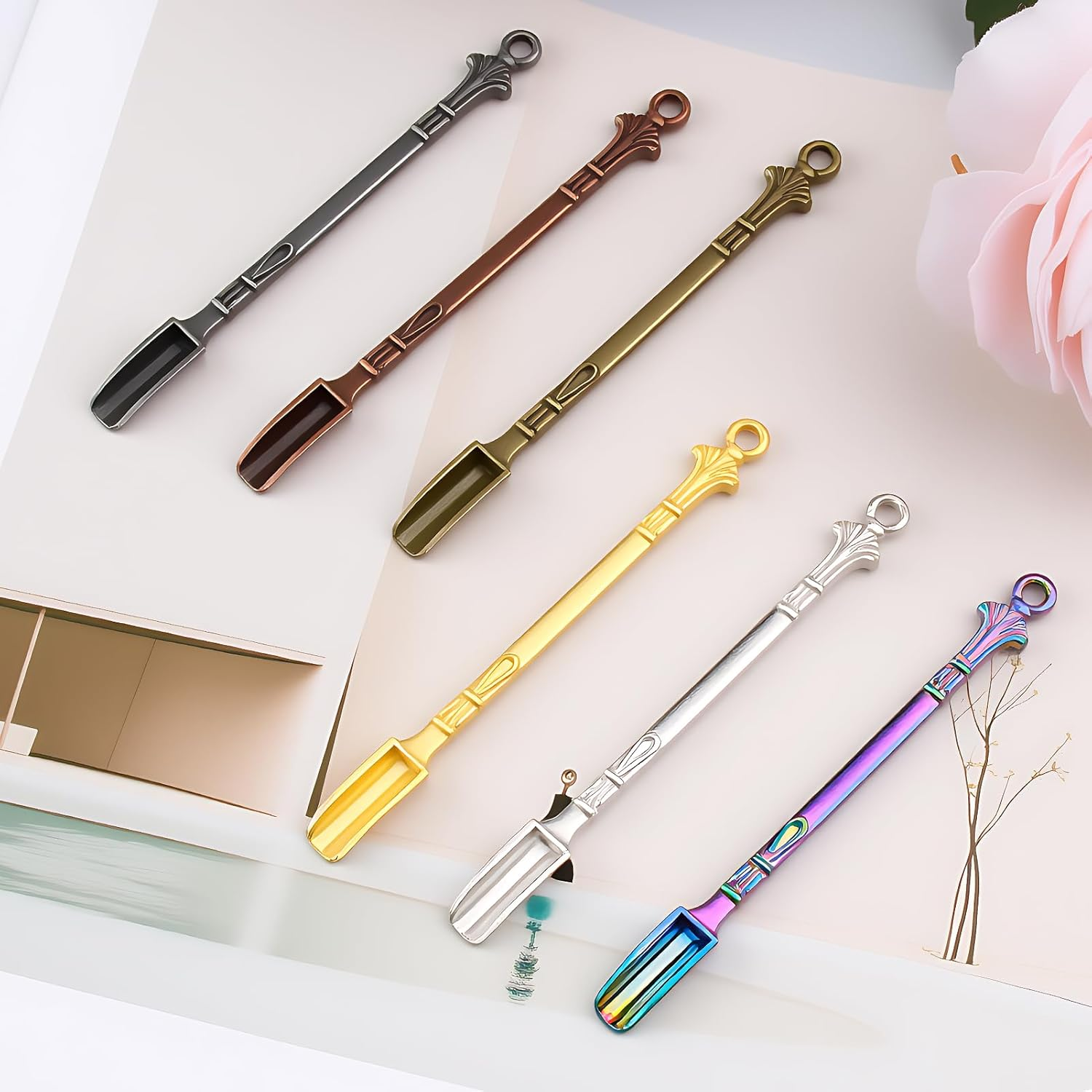 6 Pcs Mini Snuff Spoon, Metal Small Shovel Powder/Medicine Scoop Pendants Necklace Loop for Home Supplies Baking Cooking Coffee Sugar Filling Jars/Salts/Herbs Craft Tools (6 Colors) image number 2