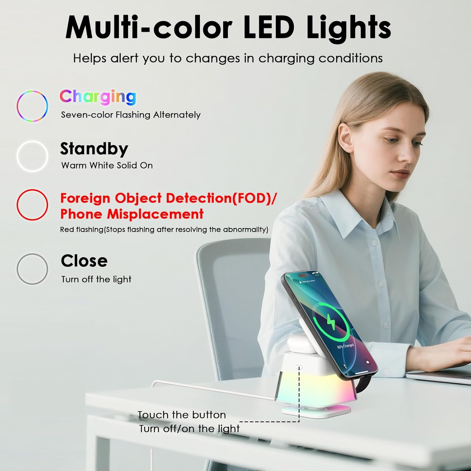 Minthouz 3 in 1 Wireless Charger Tower, Wireless Charging Station with Multi-Color Light for Magsafe Magnetic Charger, Phone Charger Stand for Multiple Devices,For Iphone 17-12 Series, Iwatch, Airpods