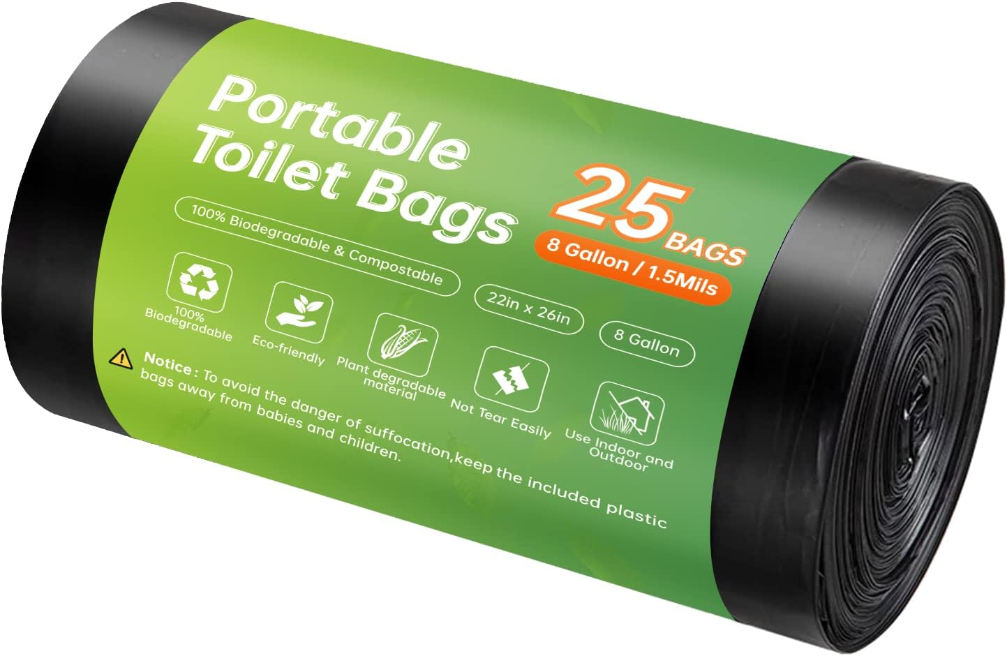 25 Portable Camping Toilet Bags, 8 Gallon Leak-Proof Trash Bags, 1.1 Mil Super Thick Biodegradable Waste Bags for Outdoor Boating Travel image number 1
