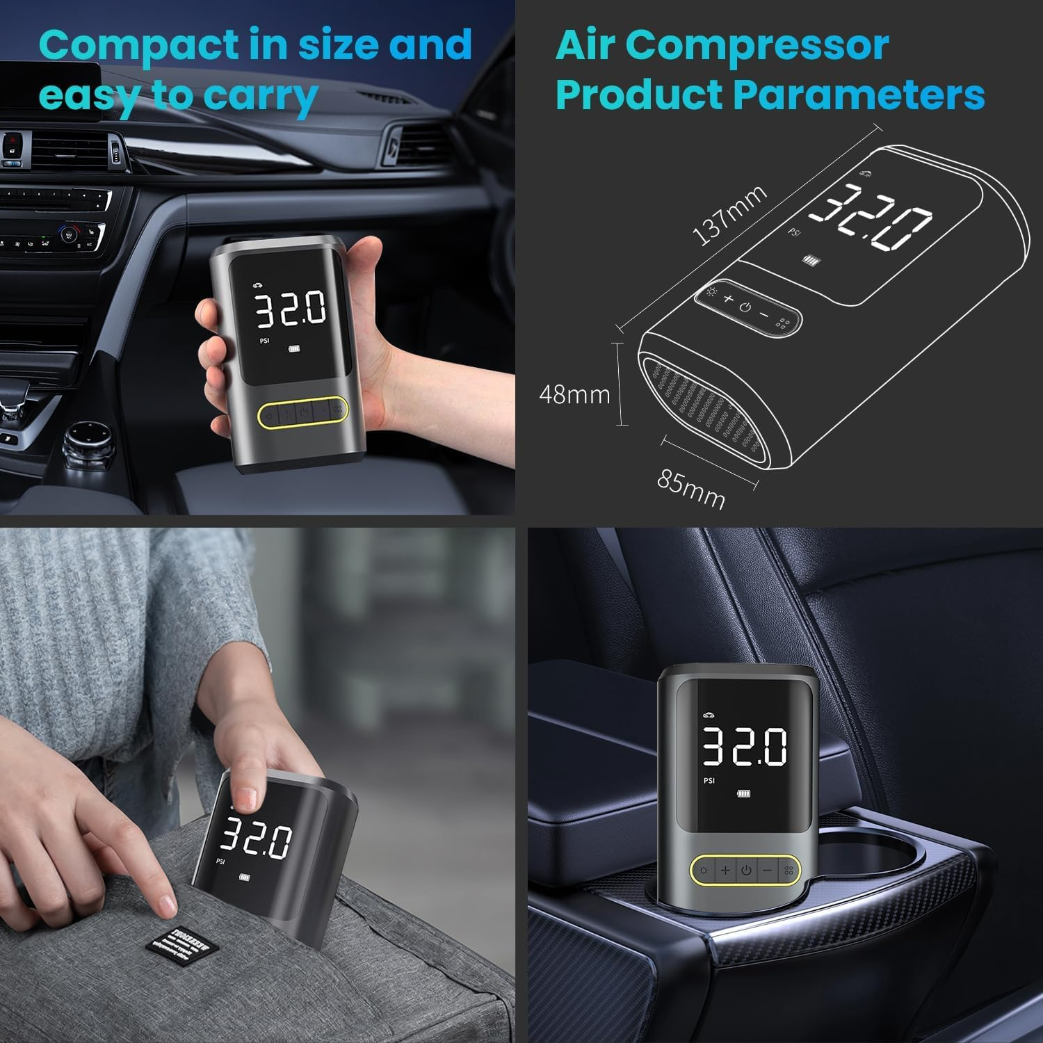 WEKUBA Portable Air Pump, 150PSI Electric Bike Pump, 4000Mah Battery Capacity, with Rechargeable Battery Function,Led Lighting, for Car, Bicycle, Motorcycle, and Ball, Preset 4 Inflating Modes image number 3