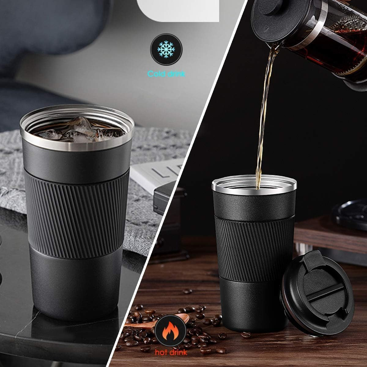 Coffee Cup 510Ml/17Oz, Insulated Travel Mug with Splash-Proof Lid, Reusable Double Wall 304 Stainless Steel Tumbler Cup - Keeps Cold and Hot Suitable for Car, Daily, outside and Gifts (Black-510Ml) - Brown image number 3