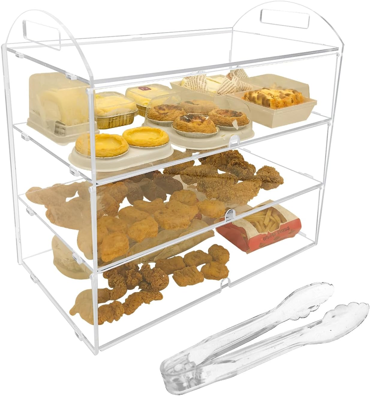 3 Tiers Clear Counter Top Bakery Display Case Pastry Display Cabinet 21.49"X21.92"X11.81" Party Desserts Rack Cake Bread Stand, Food Level PC Panels + Front Doors + Finger Holes + Handel Design