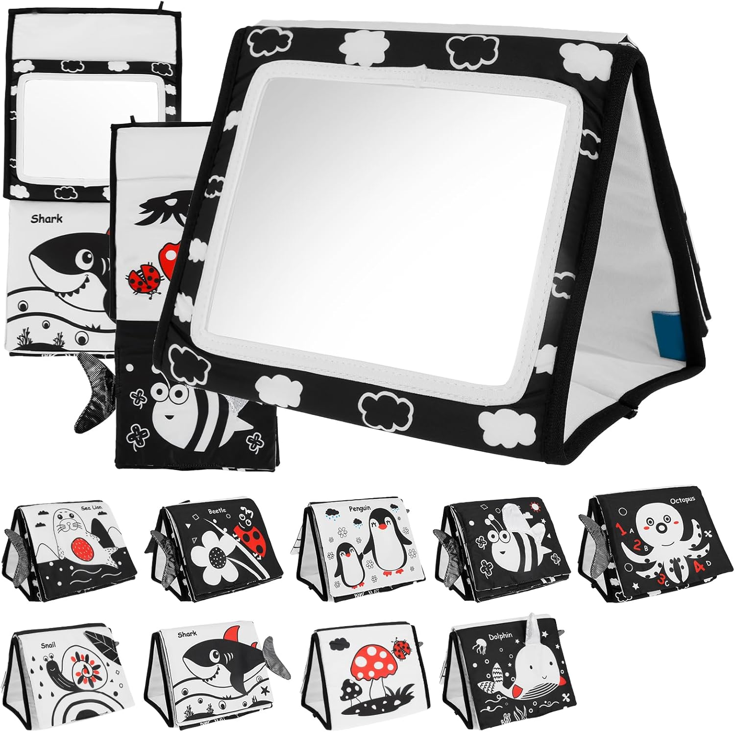 Tummy Time Mirror Toys for Babies, Foldable Baby Floor Mirror Cloth Books, Montessori Newborn Infant Toys - 8 Pages Cloth Books Early Learning Baby Mirror for 0-12 Months (B)