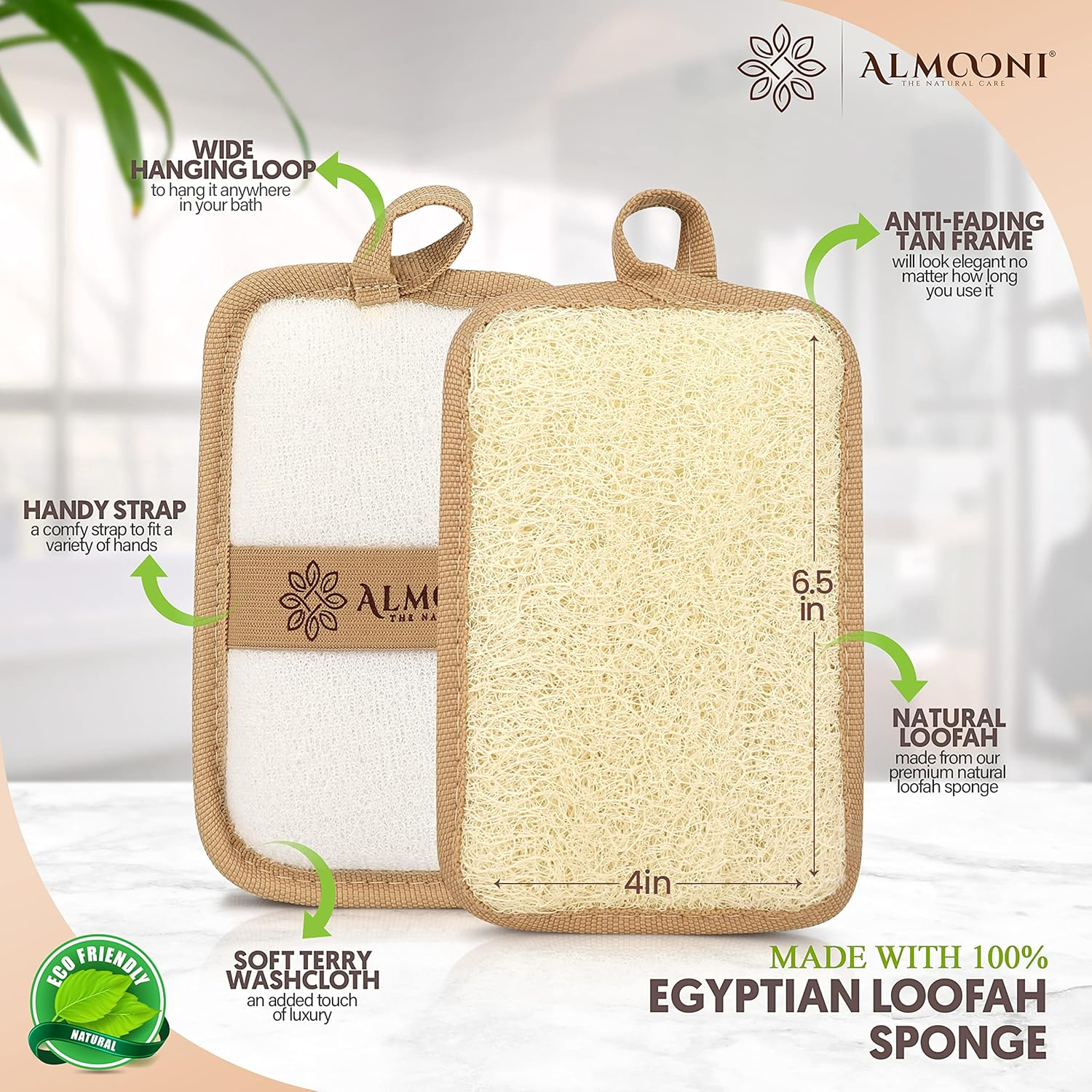 Almooni Premium Egyptian Exfoliating Loofah Pad Body Scrubber - Rectangular Loofa Shape - Made with Natural Egyptian Shower Lufa Sponge That Gets You Clean, Not Just Spreading Soap (2 Pack) image number 1