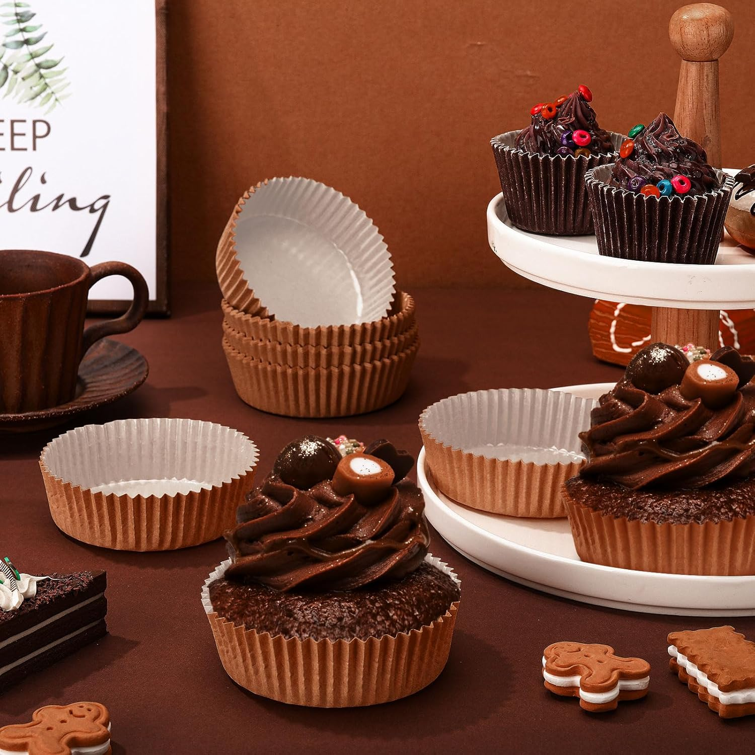 Uiifan Disposable round Cupcake Liners Paper Baking Cups Wrappers Cupcake Paper Microwave Oven Safe Bakeware Mold for Snacks Cakes(Natural,50 Pack) - 150, 3 Colors image number 7