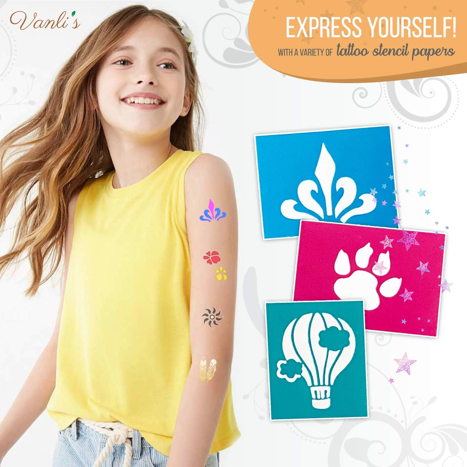 Vanli'S Temporary Tattoo Markers - Stocking Stuffers for Teens, Kids, Adults, Trendy Body Marker, Skin Safe & Colored Ink Tattoo Pens for Body & Face Art with 50 Tattoo Stencil Papers, 13 Pens-Variety image number 2