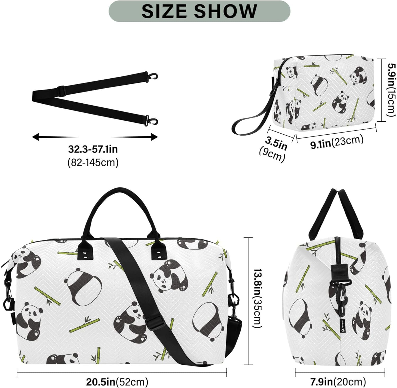 Luggage Travel Bag Gym Bag Carry on Weekend Bag with Toiletry Bag for Gym Waterproof Giant Pandas and Green, Multi, One Size, Modern/Fitted, Multi, One Size, Modern/Fitted image number 3