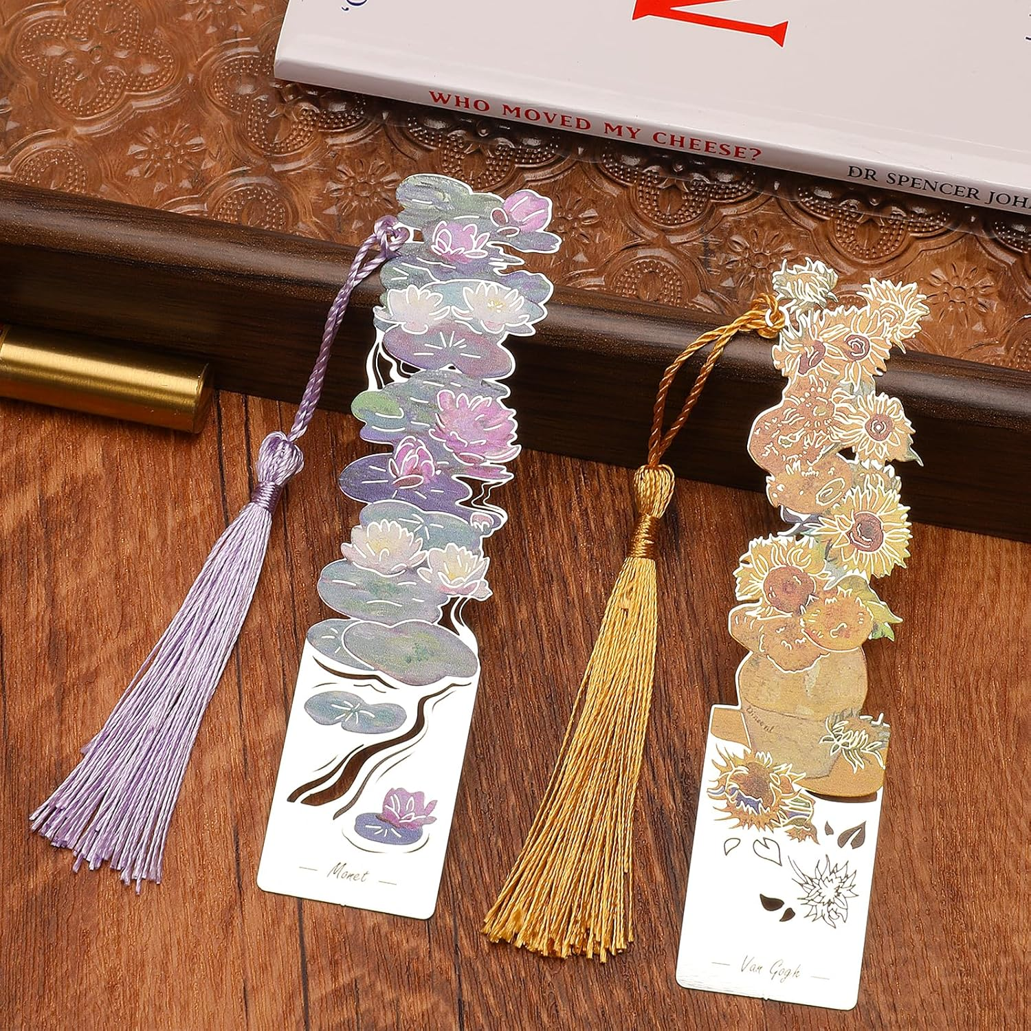 2 PCS Metal Bookmarks with Tassel for Reading Women, Pretty and Beautiful Water Lilies and Sunflowers Design (BKM-046-001) image number 4