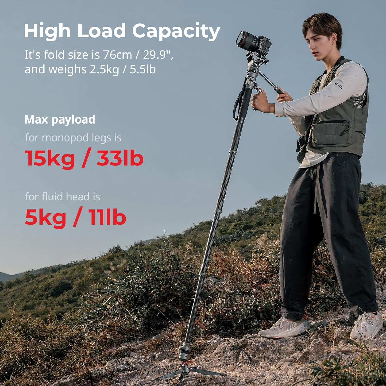 Smallrig 175Cm / 68.9" Carbon Fiber Video Monopod for Camera, Compact Camera Monopod with One-Button Lift & Lock, Max. 5Kg Playload Fluid Head Fits for DJI RS and for MFT 501L - 5565 image number 2