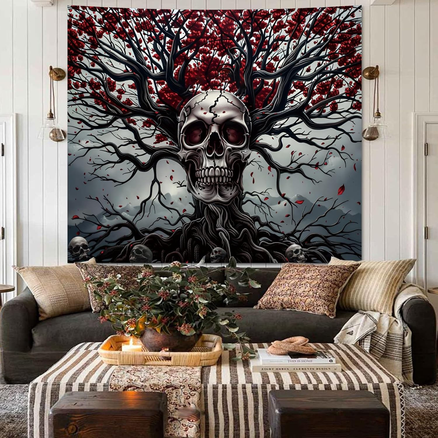 Apdidl Halloween Tree of Life Gothic Skull Tapestry for Bedroom Aesthetic, Black and White Goth Skeleton Tapestries, Dark Horror Ghost Rider Wall Decor Poster for Men Living Room Dorm (51"X60") image number 1