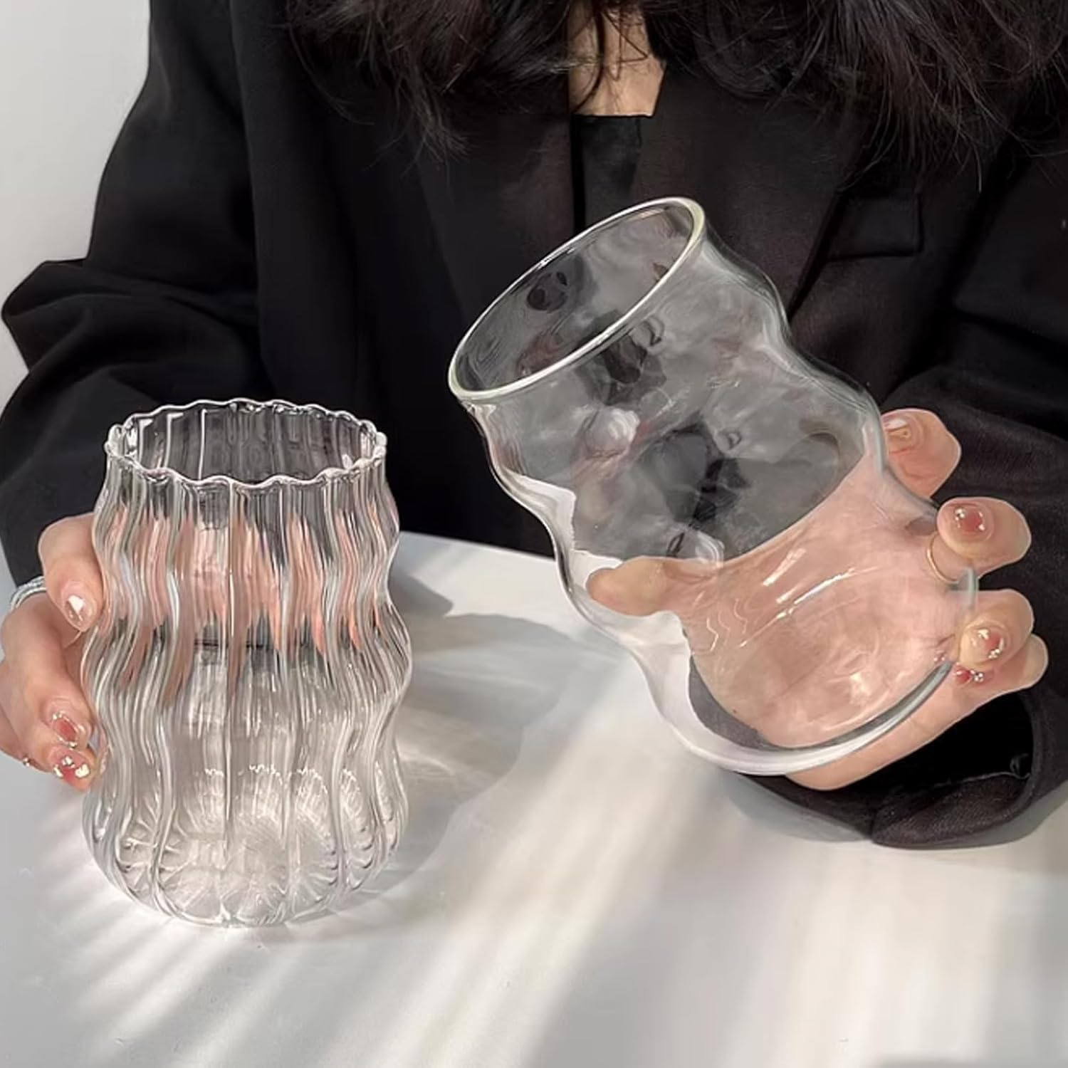 Vintage Ribbed Glassware Water Tumbler, 18 Oz Aesthetic Ripple Glass Tumbler, Ripple Glassware Coffee Cup, Cute Glass Tumbler for Iced Coffee Juice Drink Milk (1 Pcs) image number 1