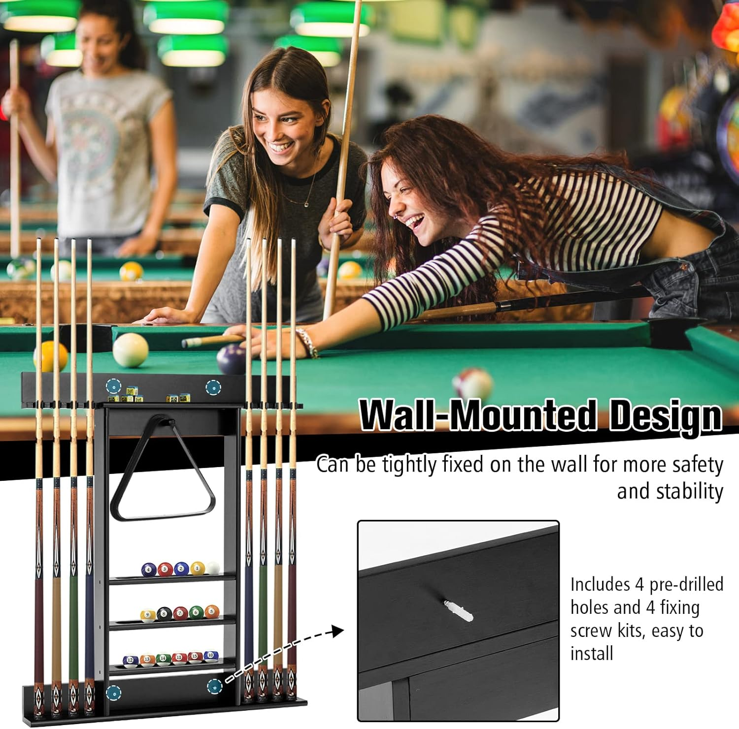 Costway Billiards Pool Cue Rack Only, Wall Mounted Billiard Stick Holder, Made of Solid Pine Wood, Holds Cues, Billiard Balls, Ball Rack, Compact Billiards Equipment for Billiard Room, Club image number 5