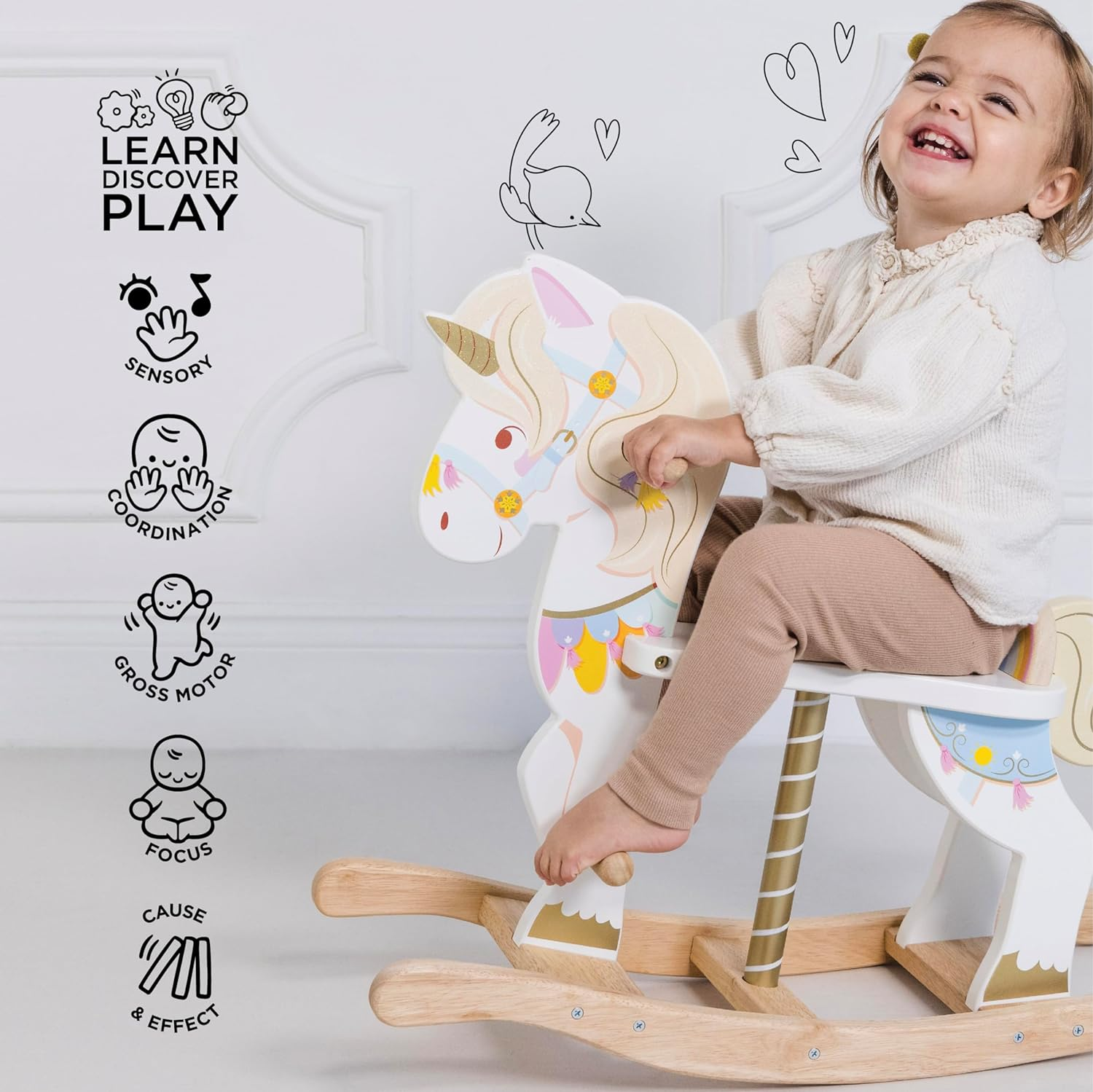 Le Toy Van - Petilou Wooden Multi-Sensory Colourful Wooden Pastel Rocking Unicorn Carousel Toy for Toddlers | Unisex Rocking Horse - Suitable for 1 Year Old + image number 1