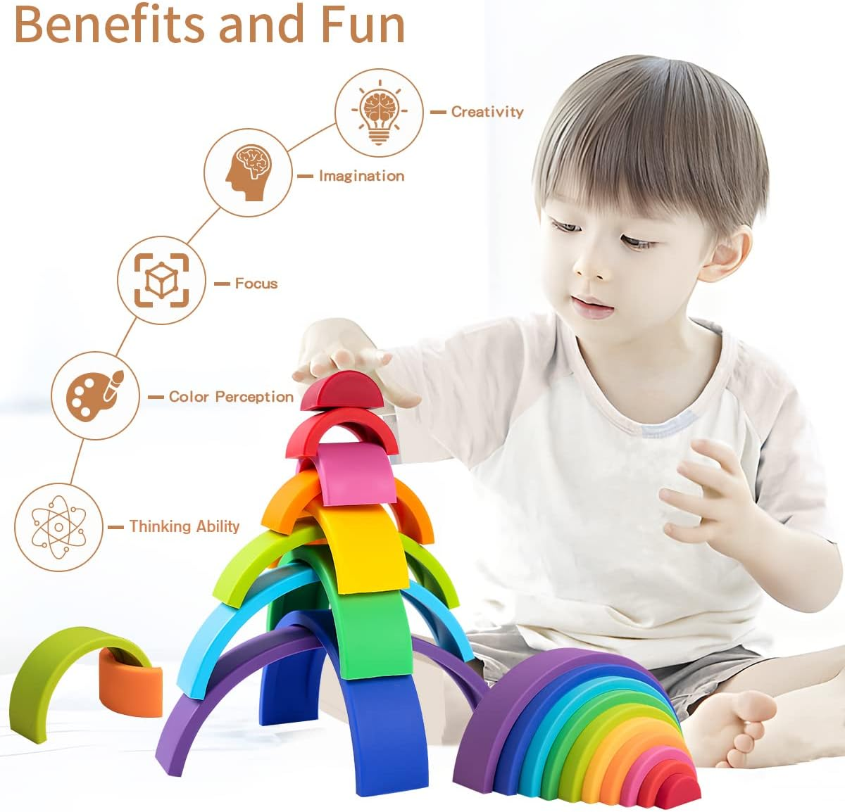 Silicone Rainbow Stacking Toy Set, 10 Pcs Rainbow Stacker Building Blocks Toys, Nesting Puzzle Montessori Toys Preschool Learning Gift image number 5