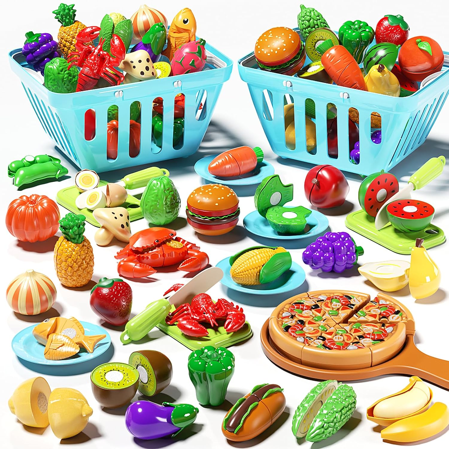 Cutting Play Food for Kids,105Pcs Pretend Play Kitchen Toys,Fake Food/Fruits/Vegetables Set,Play Kitchen Accessories with 2 Blaskets for Kids Boys Girls 3 4 5 6 image number 1