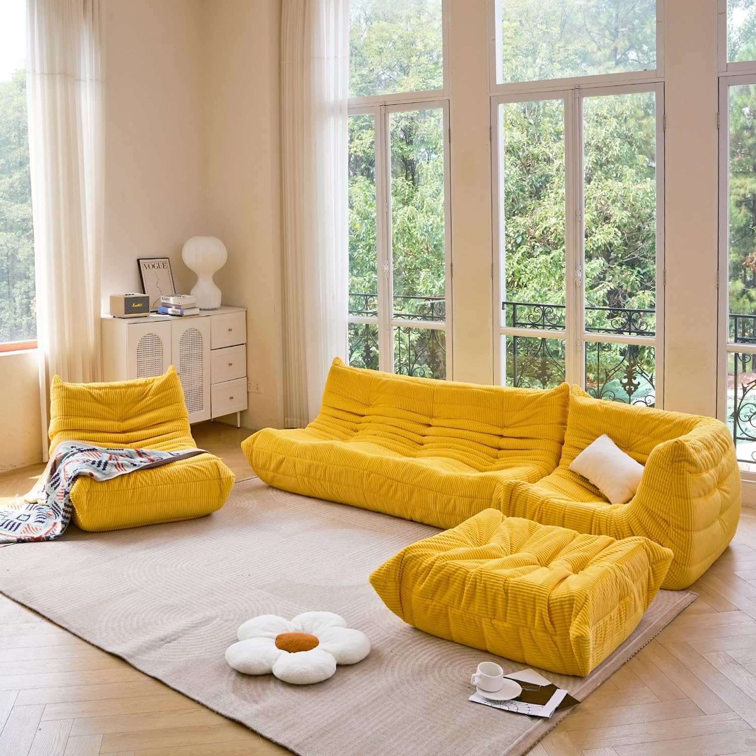 N&V Ottoman for Fireside Chair and Sofa, Soft Premium Corduroy Ottoman, Foam Ottoman for Accent Chair, Living Room Bedroom (Black)