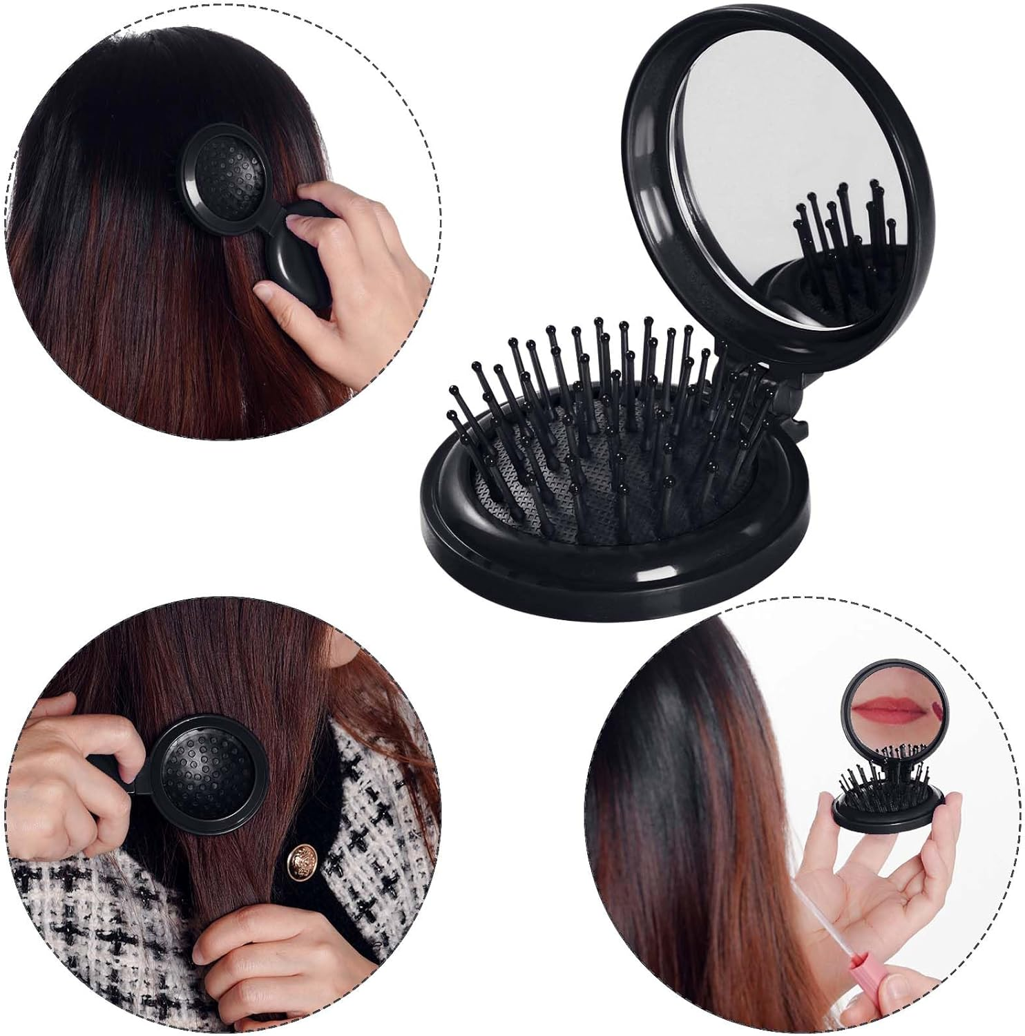 2Pcs Folding Travel Mirror Hair Brushes round Mirror Pocket Hair Brush Portable Mini Pop up Hair Brushes for Women Girls Wet and Dry Hair (Black) - Black image number 3