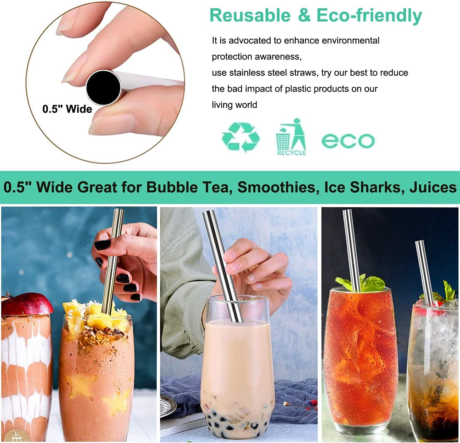 Vinaco Stainless Steel Smoothie Straws, 0.5'' Extra Wide Reusable Metal Drinking Straws for Milkshakes, Bubble Tea, Smoothie, Set of 6 Jumbo Drinks with 1 Cleaning Brush image number 1