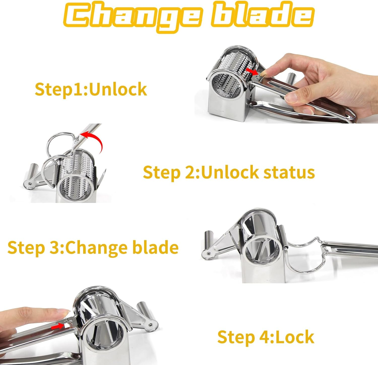 Manual Rotary Cheese Grater with Handle with 4 Interchangeable Sharp Drum Blades Stainless Steel Handheld Cheese Shredder Easy to Clean and Use for Cheese Vegetable Chocolate Walnut Nuts image number 4