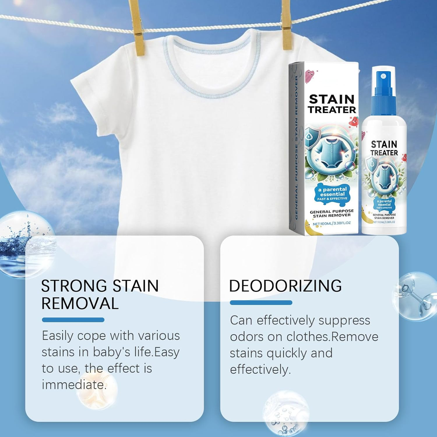 Baby Laundry Stain Remover Spray, 100Ml Stain Treater Spray for Baby Clothes Fabric, Clothing Fabric Cotton Linen Underwear Cleaning Liquid Detergent for Oil Grease Food Removal image number 3