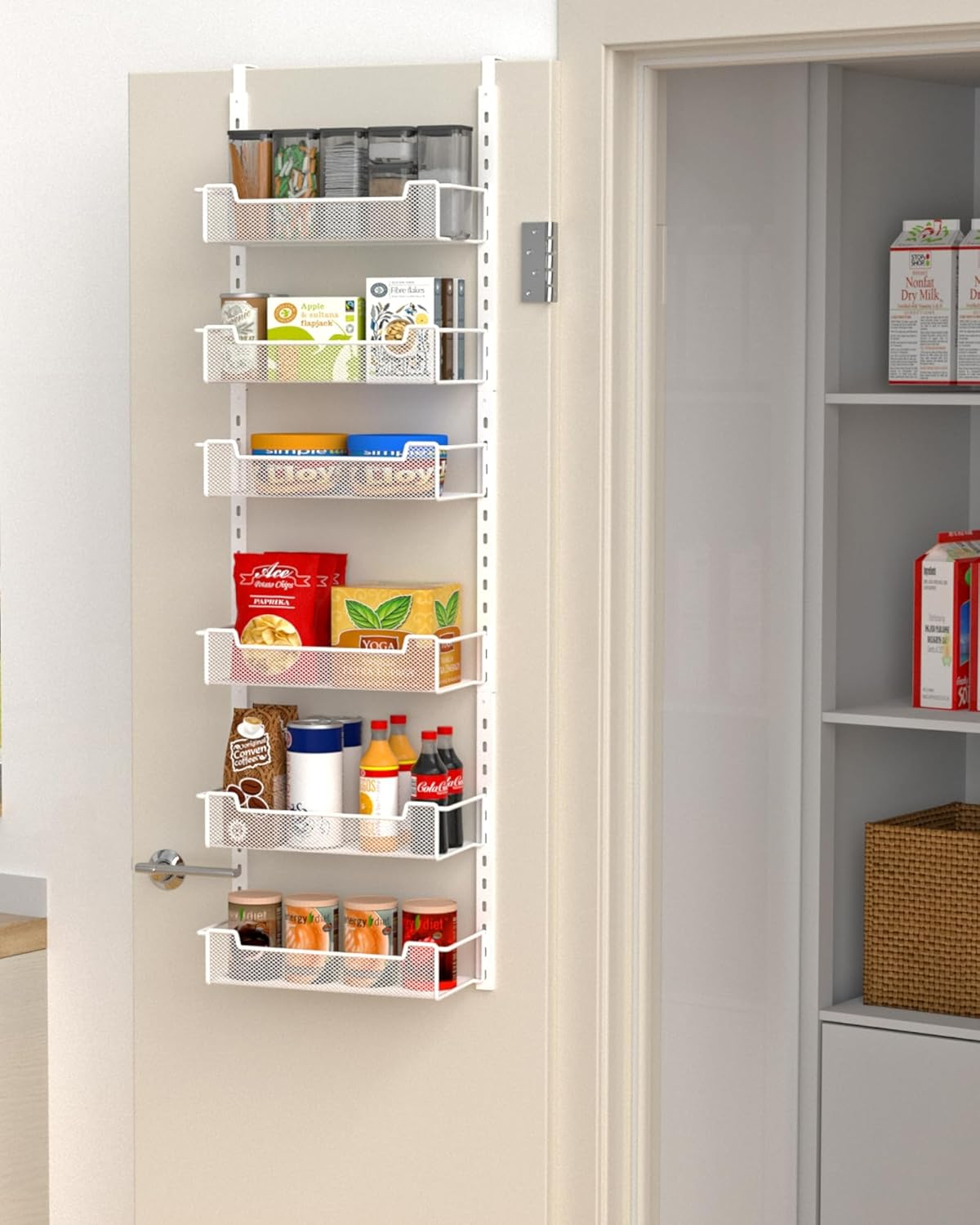 12.3" W Narrow over the Door Pantry Organizer, 6-Tier over the Door Organizer with Adjustable Basket, Pantry Door Organization for Pantry Kitchen Storage Room Spice Rack, White image number 4