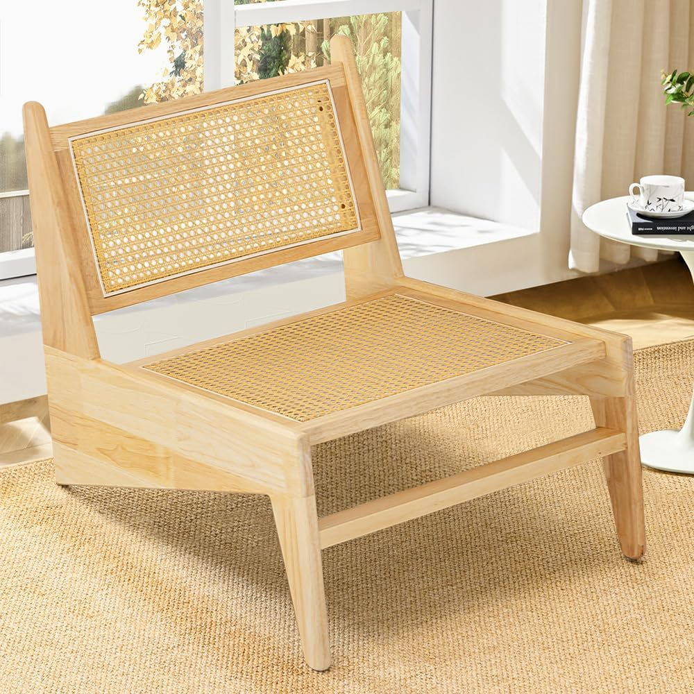 Furb Modern Accent Chair - Wooden Armchair with Rattan Back and Seat, Single Lounge Chair for Indoor Living Room, Library (Natural)
